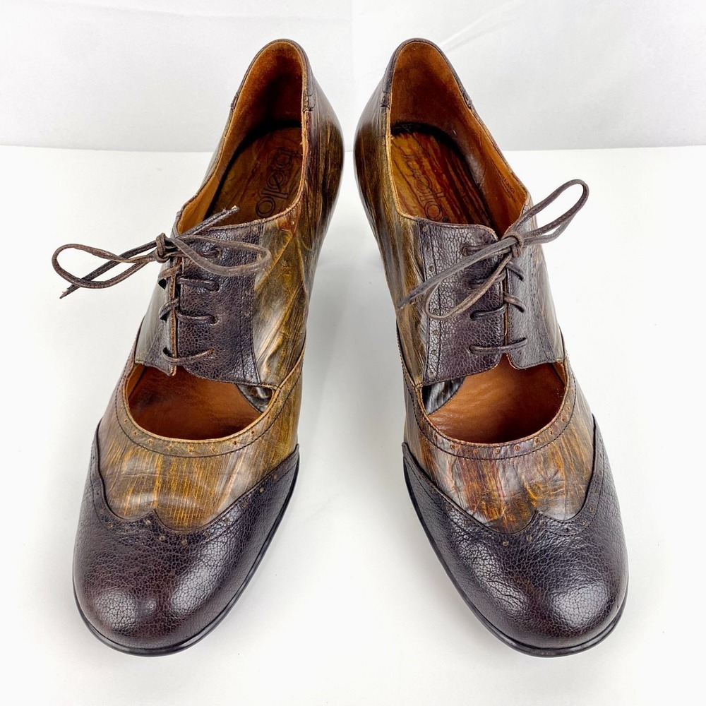 Bolo Leather Heels Women's 9.5 Wood Grain Embossed 41 Brown Pumps Dress Shoes